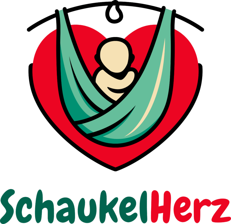 Ein Baby welches in einem Tragetuch ist und dahinter ist ein Herz abgebildert.